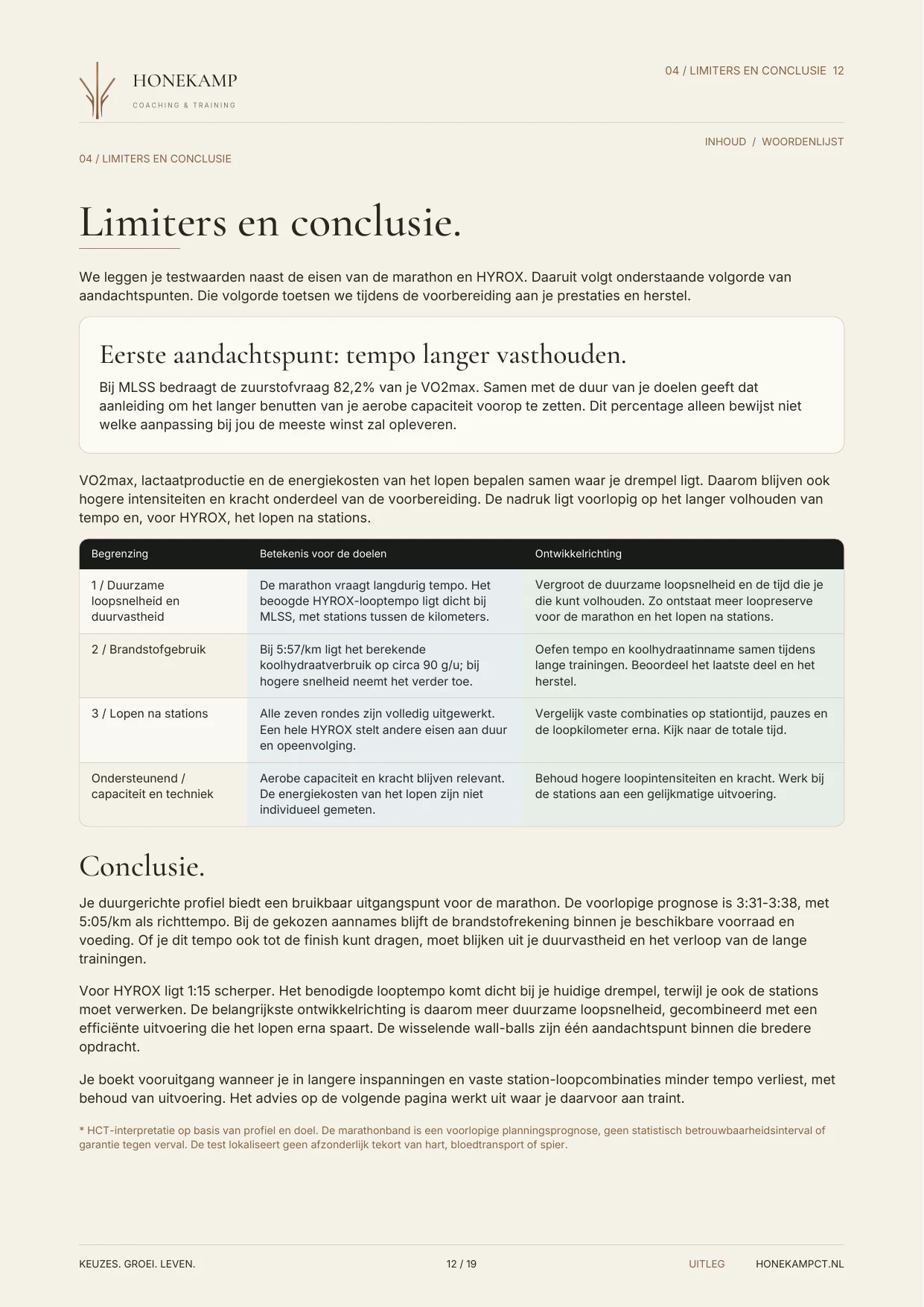 Pagina 12 van het HCT-voorbeeldrapport: limiters, trainingsprioriteiten en conclusie